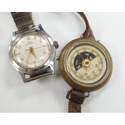 917 - A gentleman's stainless steel Oris manual wind wrist watch and a base metal wrist compass. Condition... 