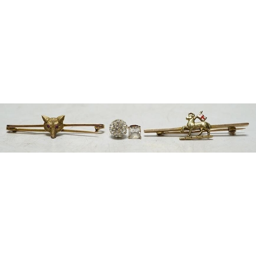 919 - A 14ct gold and enamel Welsh Guards sweethearts brooch, 3.2 grams, a 9ct gold fox head bar brooch wi... 