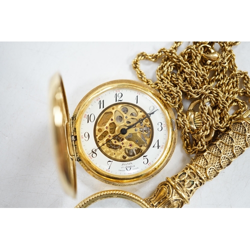 921 - A gold plated Avia keyless pocket watch, on gilt chain with magnifying glass. Condition - fair... 