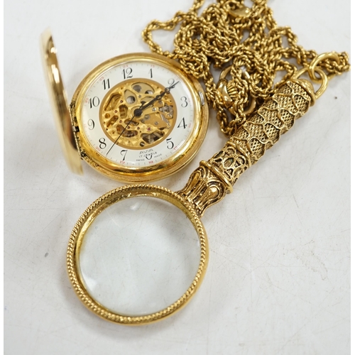 921 - A gold plated Avia keyless pocket watch, on gilt chain with magnifying glass. Condition - fair... 