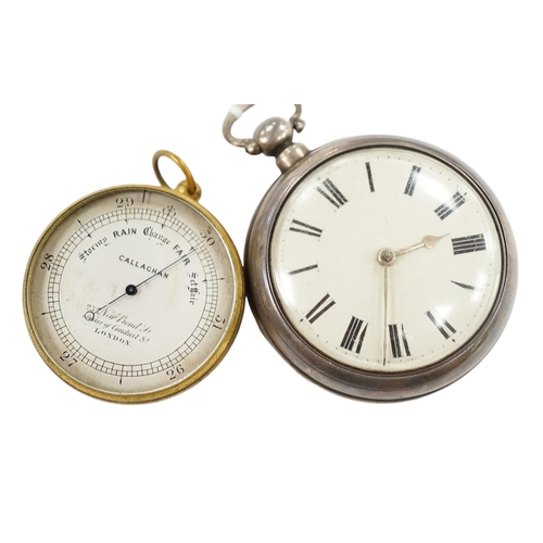 924 - A Victorian silver pair cased keywind verge pocket watch, together with a Callaghan brass cased baro... 