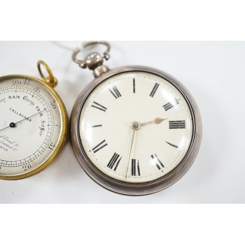 924 - A Victorian silver pair cased keywind verge pocket watch, together with a Callaghan brass cased baro... 