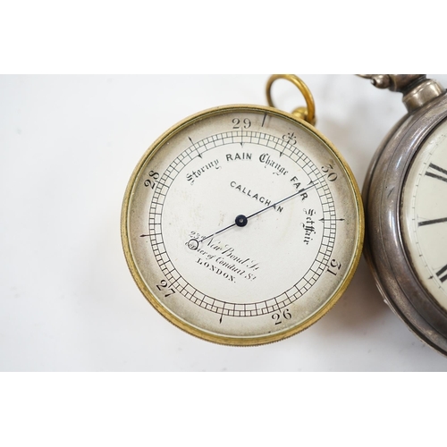 924 - A Victorian silver pair cased keywind verge pocket watch, together with a Callaghan brass cased baro... 