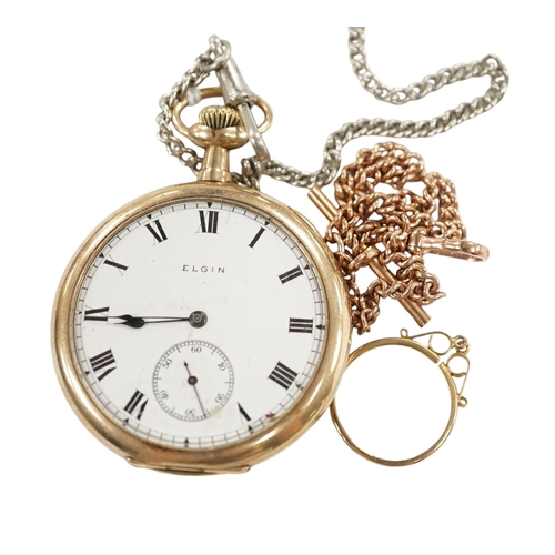 926 - A 9ct gold albert, 21.7cm, 9.4 grams, together with an Elgin gold plated open face pocket watch with... 