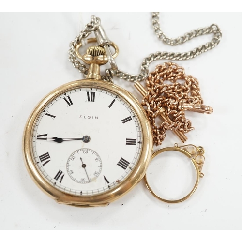 926 - A 9ct gold albert, 21.7cm, 9.4 grams, together with an Elgin gold plated open face pocket watch with... 