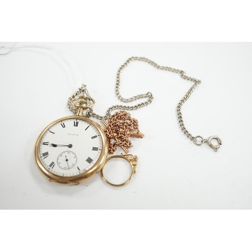 926 - A 9ct gold albert, 21.7cm, 9.4 grams, together with an Elgin gold plated open face pocket watch with... 