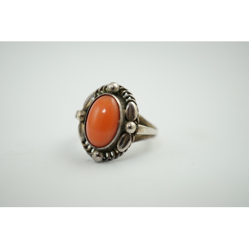 927 - A Georg Jensen sterling silver and cabochon coral set ring, design no. 1A, size L. Condition - fair ... 