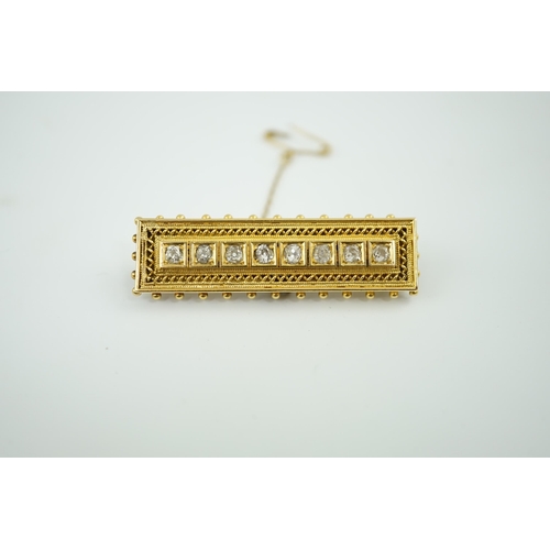 928 - A late Victorian gold and eight stone diamond set brooch, of rectangular form, with beaded border, 4... 