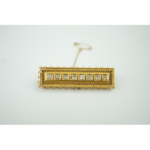 928 - A late Victorian gold and eight stone diamond set brooch, of rectangular form, with beaded border, 4... 