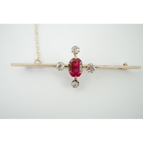 930 - An early to mid 20th century gold, single stone oval cut synthetic ruby and four stone round cut dia... 