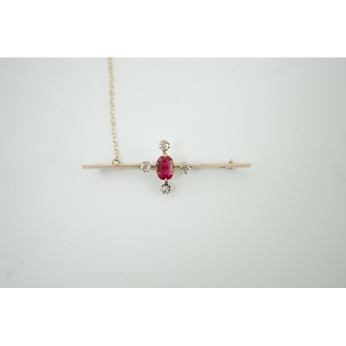 930 - An early to mid 20th century gold, single stone oval cut synthetic ruby and four stone round cut dia... 