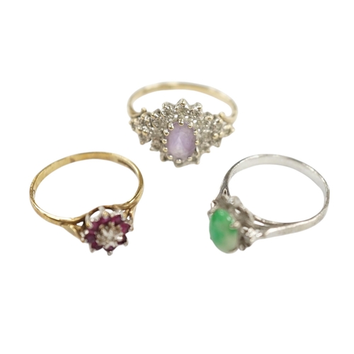 933 - A mid 20th century 18k, jade and diamond cluster set ring, size I, gross weight 1.5 grams, together ... 