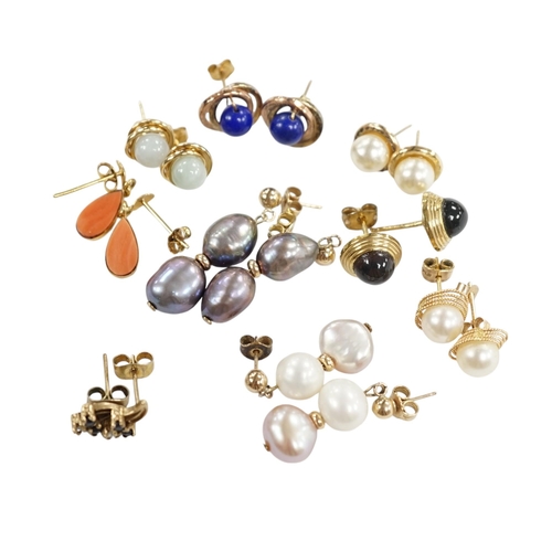 934 - Seven assorted modern pairs of 9ct and gem set earrings and two similar yellow metal pairs. Conditio... 