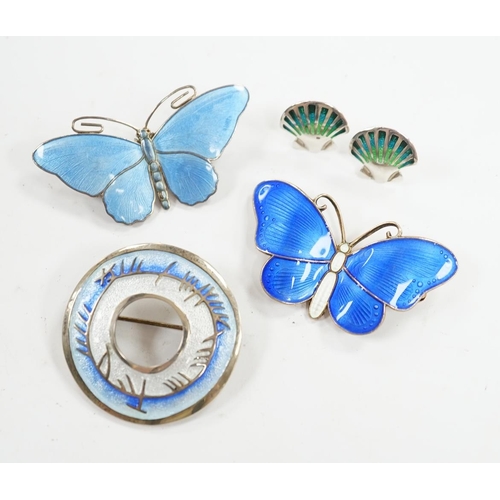 935 - Two Scandinavian gilt white metal and enamel butterfly brooches, largest 52mm, together with a white... 