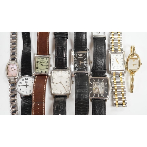 938 - Eight assorted lady's and gentleman's modern wrist watches including Emporio Armani, Esq and Fossil.... 