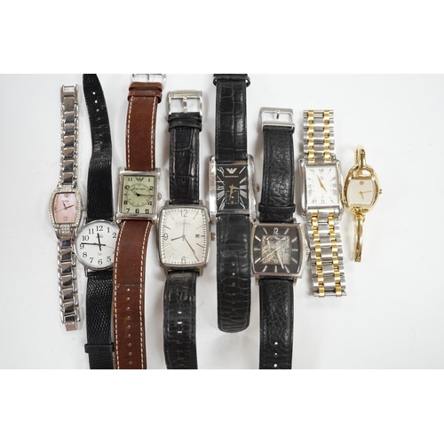 938 - Eight assorted lady's and gentleman's modern wrist watches including Emporio Armani, Esq and Fossil.... 