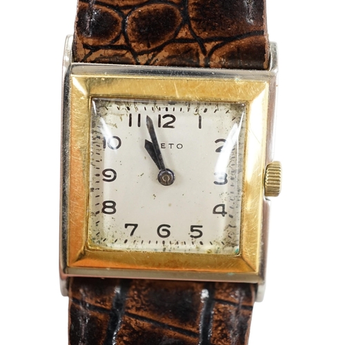 945 - A gentleman's 18ct gold and steel Veto square case manual wind wrist watch, on a leather strap. Cond... 