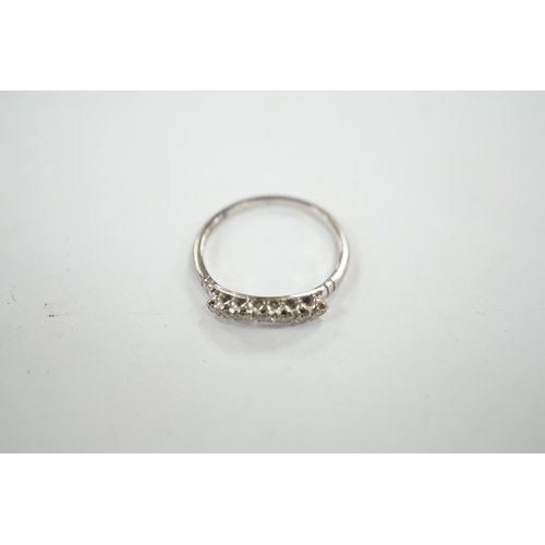 949 - An 18ct, plat and seven stone diamond chip set 'chevron' half hoop ring, size O, gross weight 2.5 gr... 