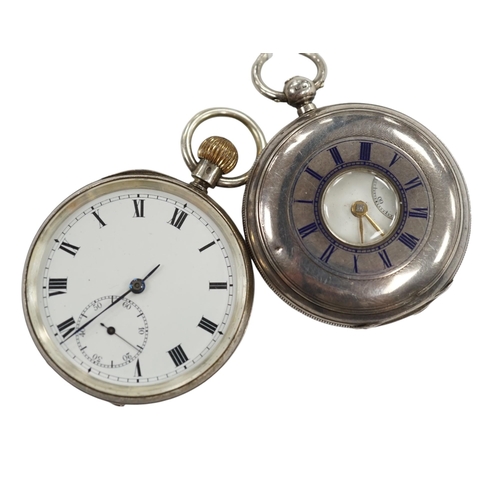 954 - A late Victorian silver half hunter pocket watch and a later silver open faced pocket watch. Conditi... 