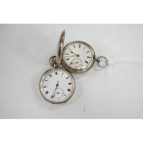 954 - A late Victorian silver half hunter pocket watch and a later silver open faced pocket watch. Conditi... 