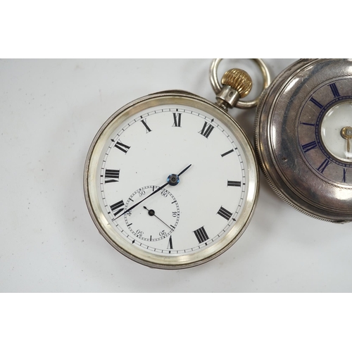 954 - A late Victorian silver half hunter pocket watch and a later silver open faced pocket watch. Conditi... 