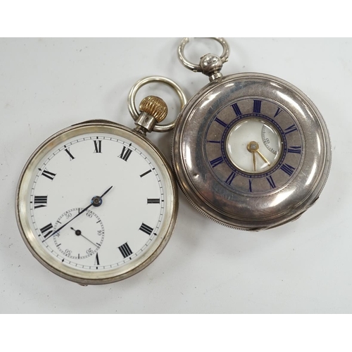 954 - A late Victorian silver half hunter pocket watch and a later silver open faced pocket watch. Conditi... 