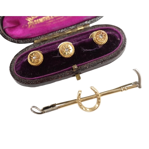 955 - An Edwardian cased set of three 9ct and rose cut diamond set dress studs and a 9ct and silver riding... 