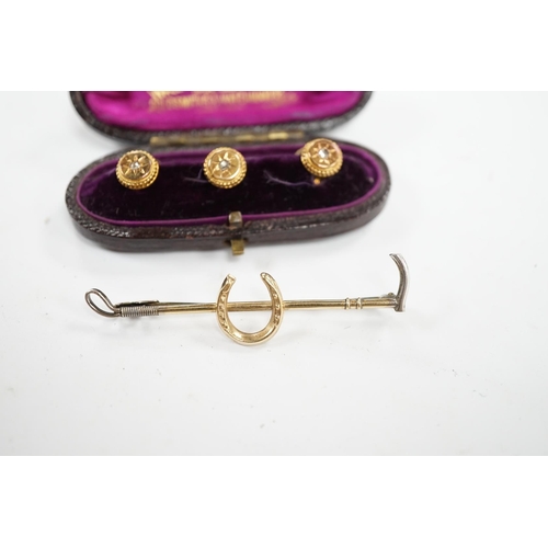 955 - An Edwardian cased set of three 9ct and rose cut diamond set dress studs and a 9ct and silver riding... 