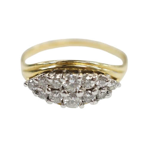 956 - A modern 18ct gold and navette shaped diamond cluster set ring, size Q, gross weight 4.4 grams. Cond... 