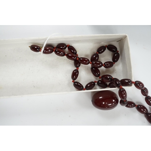 976 - A single strand graduated simulated cherry amber bead necklace, gross weight 66 grams (string a.f.) ... 