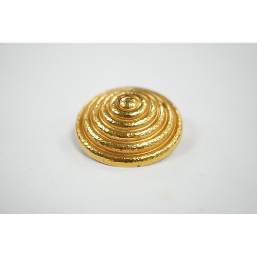 981 - A modern Greek 18k domed circular whorl brooch, 46mm, 21.8 grams. Condition - fair to good