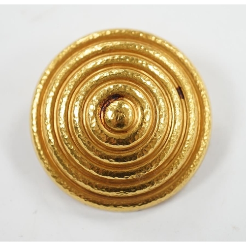 981 - A modern Greek 18k domed circular whorl brooch, 46mm, 21.8 grams. Condition - fair to good