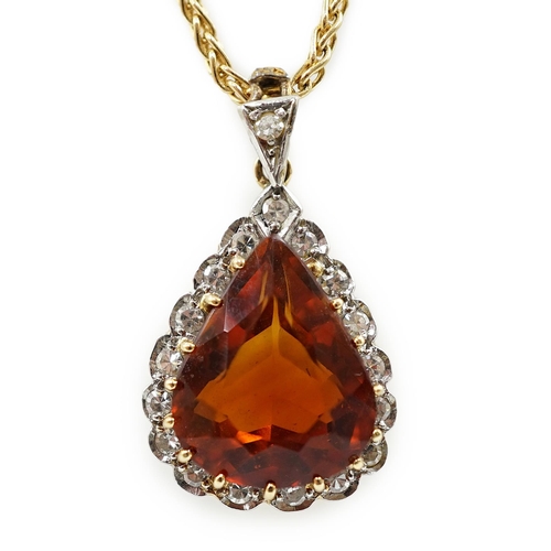 991 - A recent 18k gold, platinum and single stone pear cut citrine pendant, with diamond chip border, on ... 