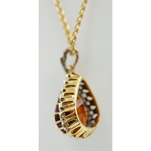 991 - A recent 18k gold, platinum and single stone pear cut citrine pendant, with diamond chip border, on ... 