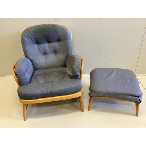 1010 - An Ercol armchair, width 80cm, 76cm, height 78cm and footstool. Condition - fair