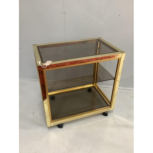 1026 - A mid century rectangular brass and clear glass top occasional table and matching tea trolley, large... 