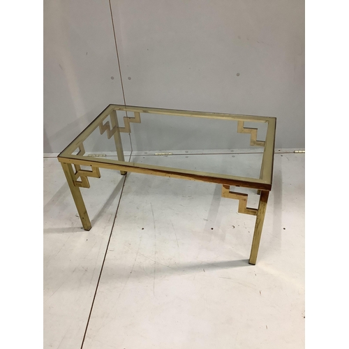 1026 - A mid century rectangular brass and clear glass top occasional table and matching tea trolley, large... 