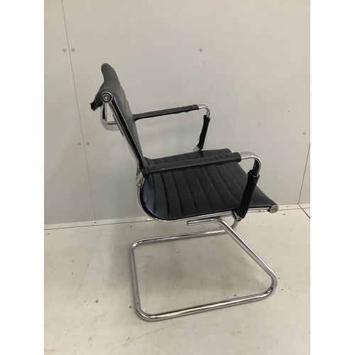 1028 - Seven chrome and black leather elbow chairs, width 57cm, depth 57cm, height 89cm. Condition - poor t... 