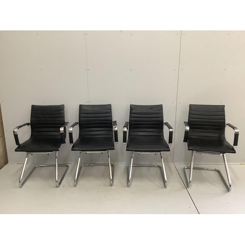 1028 - Seven chrome and black leather elbow chairs, width 57cm, depth 57cm, height 89cm. Condition - poor t... 