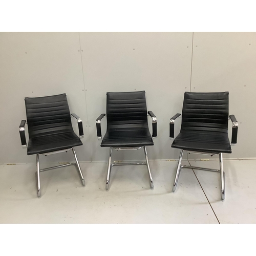 1028 - Seven chrome and black leather elbow chairs, width 57cm, depth 57cm, height 89cm. Condition - poor t... 