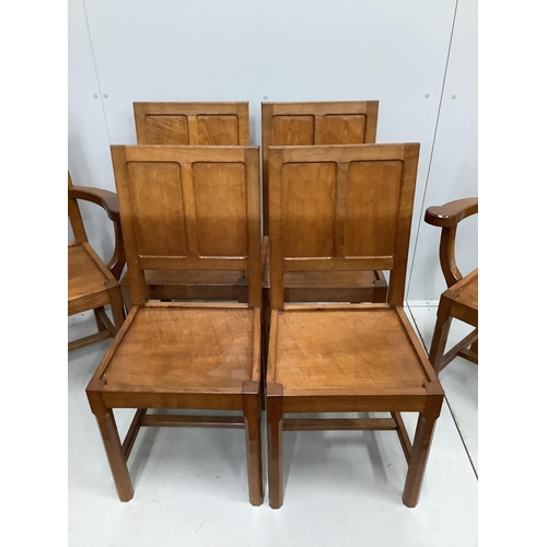 1031 - Alan Grainger 'Acorn Man', a set of six adzed oak panelled dining chairs, two with arms, largest wid... 