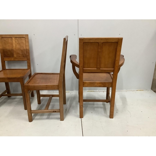 1031 - Alan Grainger 'Acorn Man', a set of six adzed oak panelled dining chairs, two with arms, largest wid... 