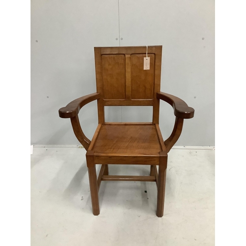 1031 - Alan Grainger 'Acorn Man', a set of six adzed oak panelled dining chairs, two with arms, largest wid... 