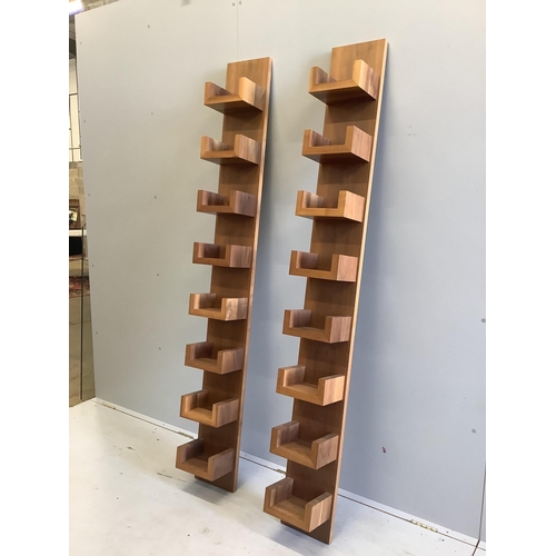 1077 - DFP, two solid walnut DVD / book shelving units, width 23cm, depth 18cm, height 194cm. Condition - g... 