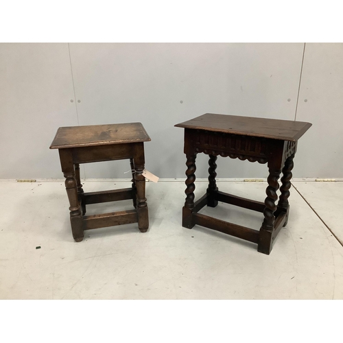 1114 - Two 17th century style rectangular oak joint stools, larger width 46cm, depth 28cm, height 46cm. Con... 