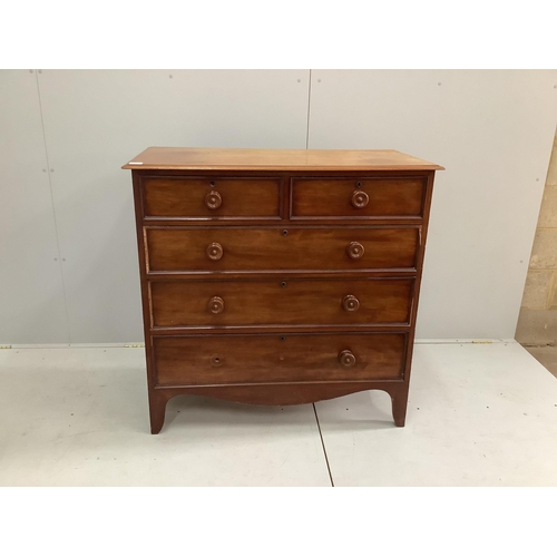 1140 - An early Victorian mahogany chest of two short and three long drawers, on bracket feet, width 106cm,... 