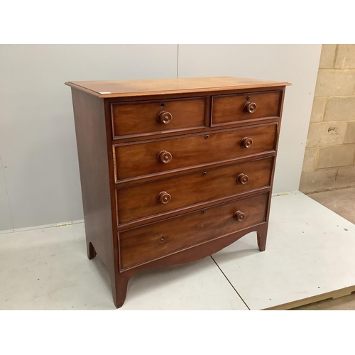 1140 - An early Victorian mahogany chest of two short and three long drawers, on bracket feet, width 106cm,... 