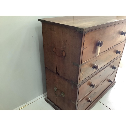 1143 - A 19th century hardwood two section military chest, the top drawer fitted as a secretaire, width 114... 