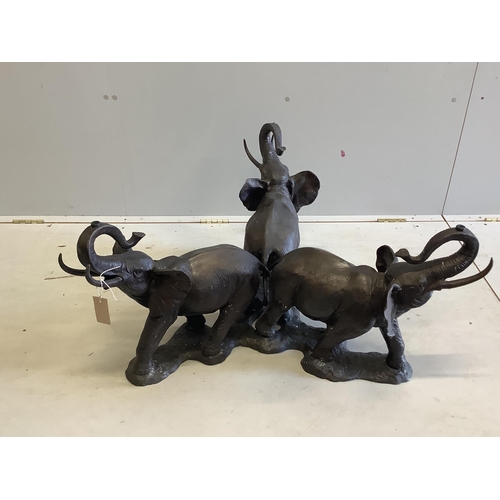 1161 - A Heinrich Filter bronze triple elephant table base (lacks glass top), height 45cm. Condition - good... 