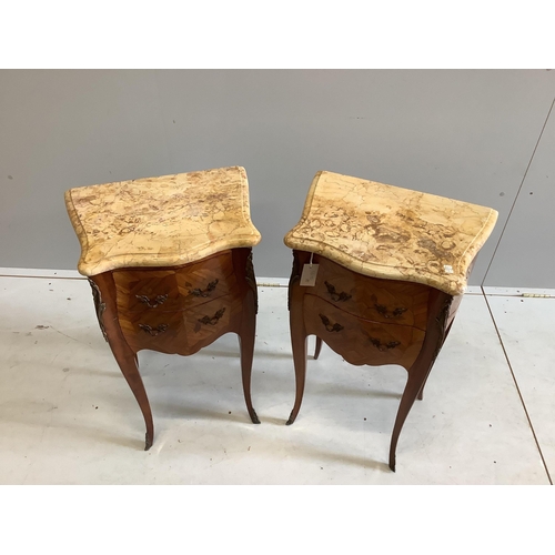 1172 - A pair of Louis XVI style marquetry inlaid gilt metal mounted kingwood marble top bedside cabinets, ... 